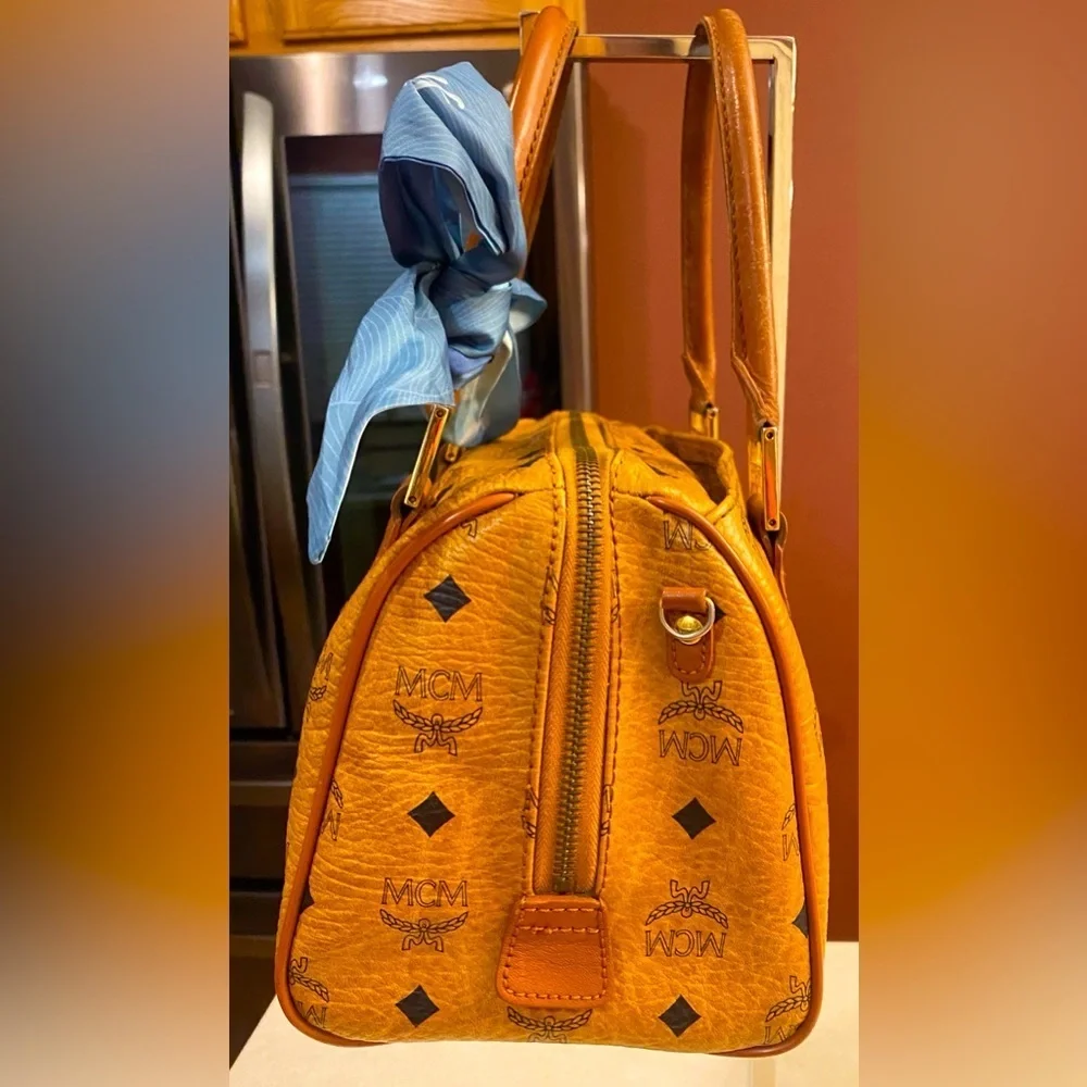 MCM Mini Boston Bag Visetos Brown w:Twilly, EUC